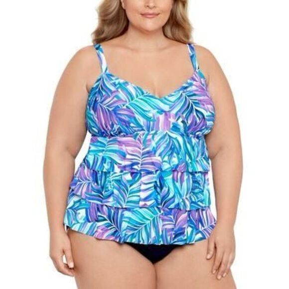 Swim Solutions Plus Size Tummy Control Printed Fauxkini One-Piece Swimsuit, Crea - Picture 1 of 3